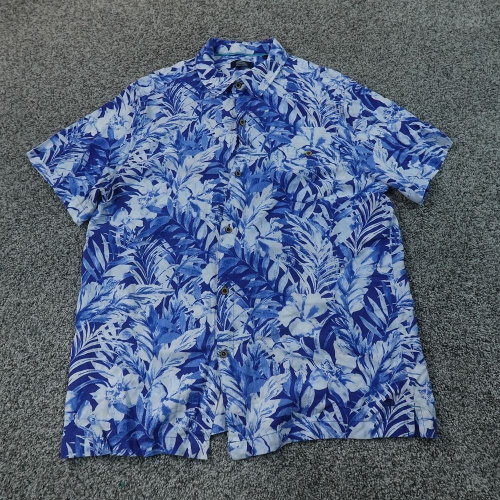 Hawaiian Shirt Mens L Blue White Tropical Floral Palm Leaf Hibiscus Button Up